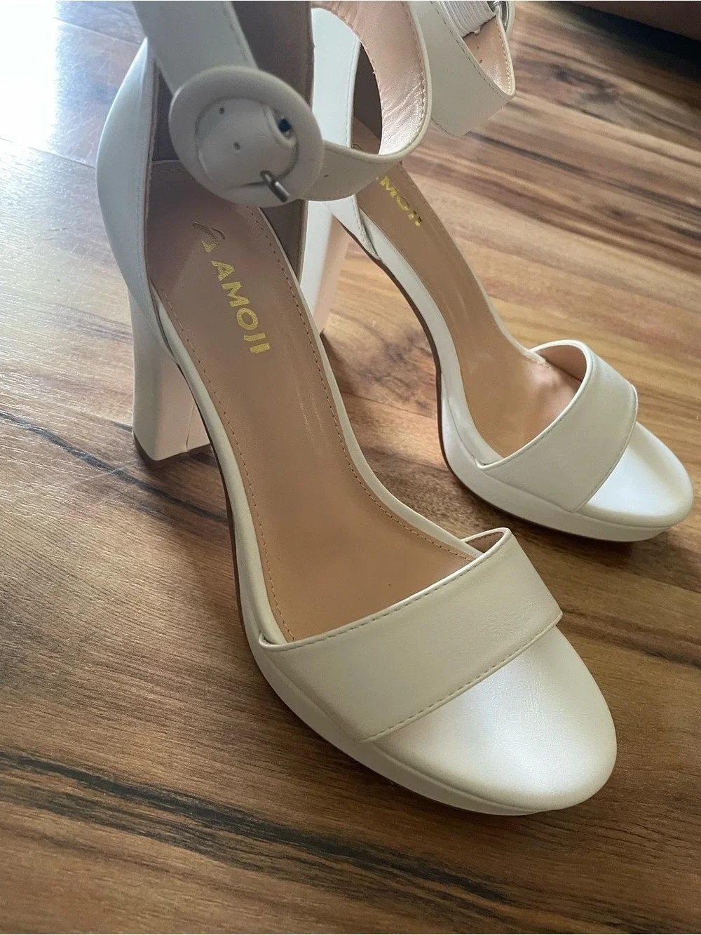 White Block Heel Ankle-Strap Sandals